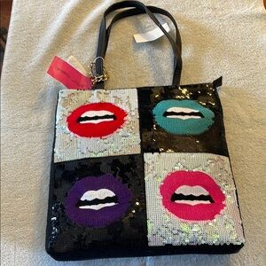 Betsey Johnson Black and Red Tote Bag with Vibrant Lip Design